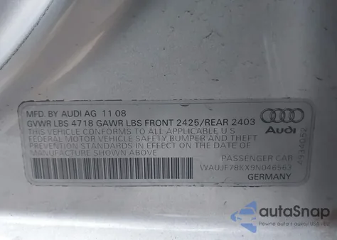 2009 Audi A4 2.0T Premium from USA, damaged, VIN WAUJF78KX9N046563
